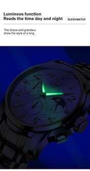 OLEVS edelstalen chronografisch quartz horloge, uren &amp; minuten &amp; maanfase -aanduiding en dagkalender, 4 uitvoeringen