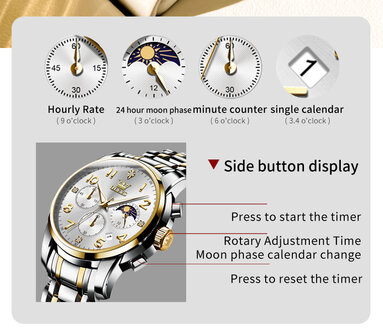 OLEVS edelstalen chronografisch quartz horloge, uren &amp; minuten &amp; maanfase -aanduiding en dagkalender, 4 uitvoeringen