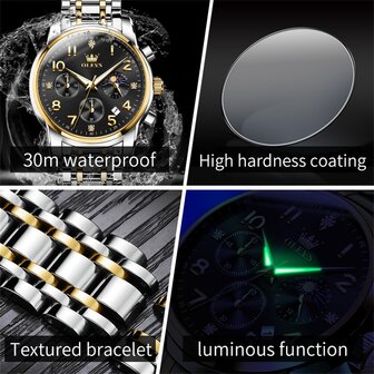 OLEVS edelstalen chronografisch quartz horloge, uren &amp; minuten &amp; maanfase -aanduiding en dagkalender, 4 uitvoeringen