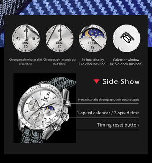 Olevs-Uhr aus Edelstahl, gewebtes Nylonarmband, Chronograph, Tachymeter, Sekunden und Minuten sowie Stunden-/Mondphasenanzeige, 3 Versionen