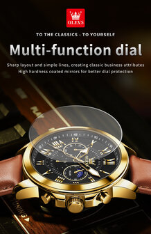 Olevs Edelstahl Chronograph Quarzuhr, Echtlederarmband, Stunden &amp; Minuten &amp; Mondphasenanzeige, 5 Versionen