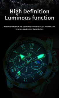 Olevs Edelstahl Chronograph Quarzuhr, Echtlederarmband, Stunden &amp; Minuten &amp; Mondphasenanzeige, 5 Versionen