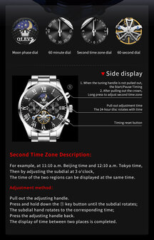 Olevs zilverkl edelstaal chronografisch quartz horloge, 2de tijdzone &amp; uren &amp; minuten &amp; maanfase -aanduiding, 4 uitvoeringen