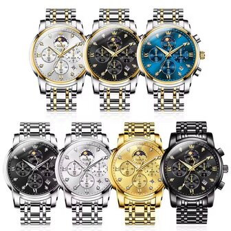 OLEVS edelstaal chronografisch quartz horloge, 2de tijdzone &amp; uren &amp; minuten &amp; maanfase -aanduiding, diamant, zirkonia, 7 uitvoeringen