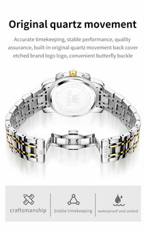 OLEVS edelstaal chronografisch quartz horloge, 2de tijdzone &amp; uren &amp; minuten &amp; maanfase -aanduiding, diamant, zirkonia, 7 uitvoeringen