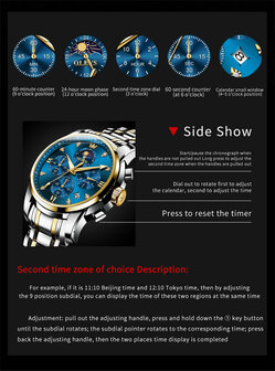 OLEVS edelstaal chronografisch quartz horloge, 2de tijdzone &amp; uren &amp; minuten &amp; maanfase -aanduiding, diamant, zirkonia, 7 uitvoeringen