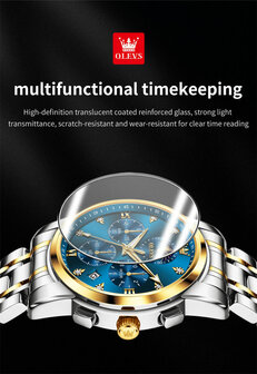 OLEVS edelstaal chronografisch quartz horloge, 2de tijdzone &amp; uren &amp; minuten &amp; maanfase -aanduiding, diamant, zirkonia, 7 uitvoeringen