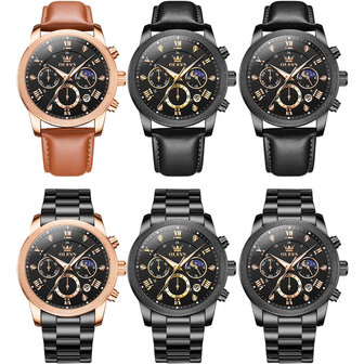 OLEVS edelstaal chronografisch quartz horloge, uren &amp; minuten &amp; maanfase -aanduiding, diamant, zirkonia, 3 uitvoeringen