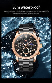 OLEVS edelstaal chronografisch quartz horloge, uren &amp; minuten &amp; maanfase -aanduiding, diamant, zirkonia, 3 uitvoeringen