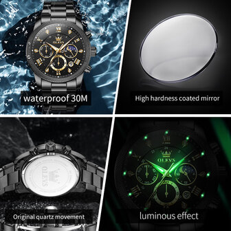OLEVS edelstaal chronografisch quartz horloge, uren &amp; minuten &amp; maanfase -aanduiding, diamant, zirkonia, 3 uitvoeringen