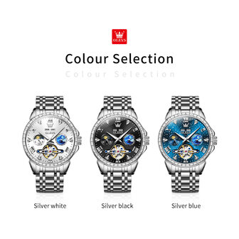 OLEVS mechanische edelstaal horloge, maand-dag, seconden, jaar, maand, 24u maanfase - aanduiding, 3 uitvoeringen