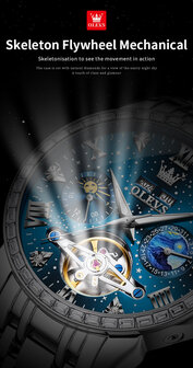 OLEVS mechanische edelstaal horloge, maand-dag, seconden, jaar, maand, 24u maanfase - aanduiding, 3 uitvoeringen