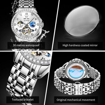 OLEVS mechanische edelstaal horloge, maand-dag, seconden, jaar, maand, 24u maanfase - aanduiding, 3 uitvoeringen