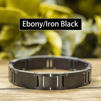 Armband Donker bruin Ebony houten L 21.5 cm, RVS tussenschakels mat zwart