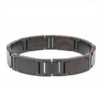 Armband Donker bruin Ebony houten L 21.5 cm, RVS tussenschakels mat zwart