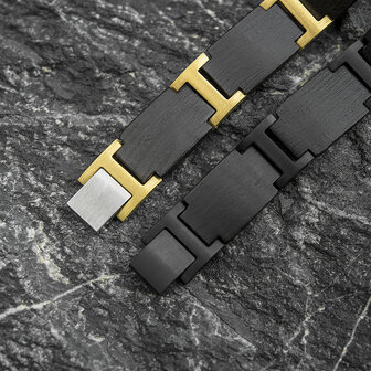 Armband Donker bruin Ebony houten L 21.5 cm, RVS tussenschakels mat zwart