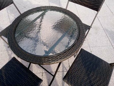 Bruin polyRotan tuin / balkon set; inklapbare stoelen &amp; ronde tafel, geharde glasplaat