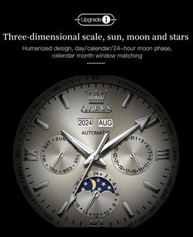 OLEVS Mechanische Uhr, Edelstahl, Tachymeter, Tourbillon, Monat-Tag, Wochentag, Jahr, Monat, 24-Stunden-Mondphasenanzeige, 5 Versionen