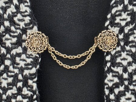 Clips met dubbel ketting, roos hartenblad, in antiek goudkleur.