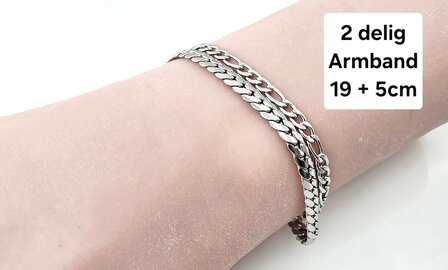 Armband 2 laags RVS - Lengte 17 of 19 met 6 cm - Zilverkleurig
