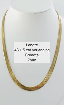 Platte Choker ketting rvs, goudkleurig, L 43 + 5 cm, Br 6mm
