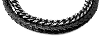 Herrenarmband aus geb&uuml;rstetem Stahl mit doppeltem Gourmet-Glied und Leder in 2 Gr&ouml;&szlig;en.