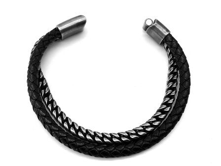Herrenarmband aus geb&uuml;rstetem Stahl mit doppeltem Gourmet-Glied und Leder in 2 Gr&ouml;&szlig;en.
