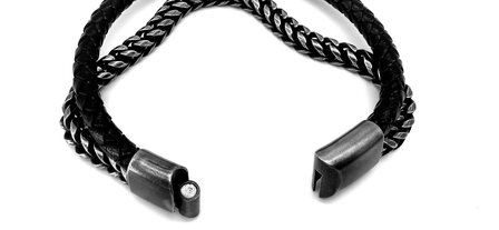 Herrenarmband aus geb&uuml;rstetem Stahl mit doppeltem Gourmet-Glied und Leder in 2 Gr&ouml;&szlig;en.