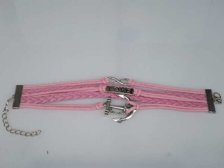 Armband r&oacute;ze vlecht infinity met love, anker, lus.