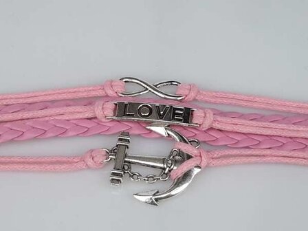 Armband r&oacute;ze vlecht infinity met love, anker, lus.