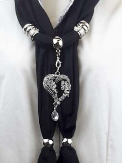 Sjaal + metalen hart, grote strass, strassdruppeltje