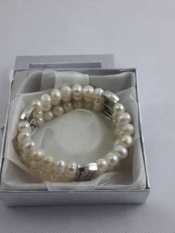 Zoet waterparel Armband, 3 rijen met 3 Tibetaanse schakels.