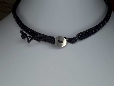 Wrap armband, zwart leer en touw, Tijgeroog edelstenen kralen