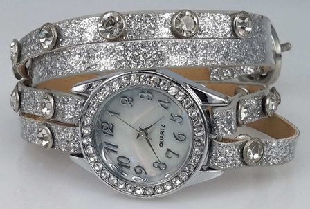 Armband horloge, PU leren wrap (2), zirkonia, strass, 2 kleuren