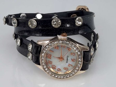 Armband horloge, PU leren wrap (2), zirkonia, strass, 3 glitterkleuren