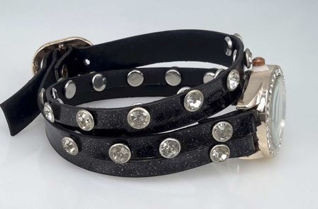 Armband horloge, PU leren wrap (2), zirkonia, strass, 3 glitterkleuren