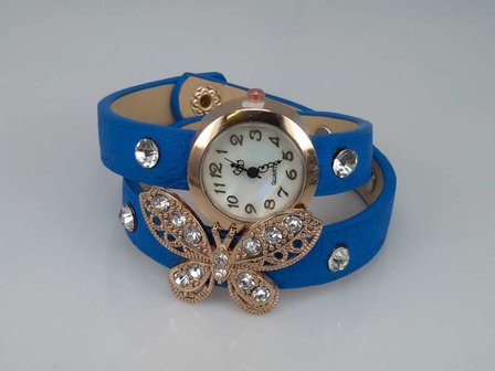 Armbandhorloge, PU leren wrap (2), vlindertje, zirkonia, 4 kleuren