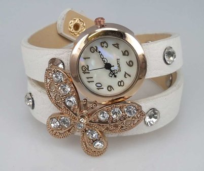 Armbandhorloge, PU leren wrap (2), vlindertje, zirkonia, 4 kleuren