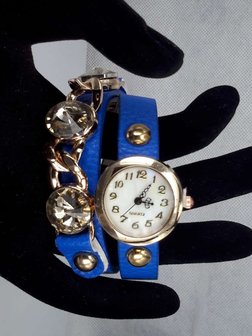 Armbandhorloge, PU leren wrap (2), goudkleur, schakelketting en 3 grote facet geslepen kristal, 5 kleuren