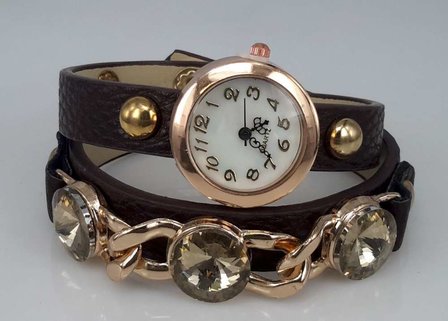 Armbandhorloge, PU leren wrap (2), goudkleur, schakelketting en 3 grote facet geslepen kristal, 5 kleuren