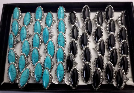 Zilverkleurig antiek look Howliet edelsteen kleur turquoise, zwart. doos 50 stuks.