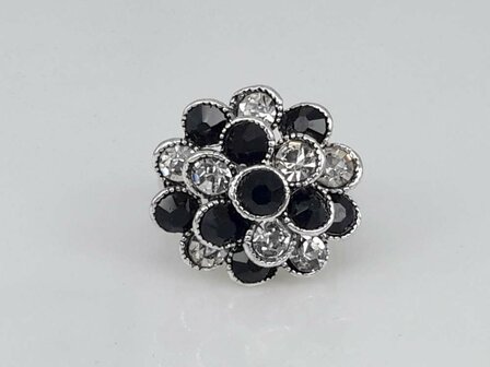 Silberfarbe Rosette Ring mit wei&szlig;en und schwarzen Kristall.