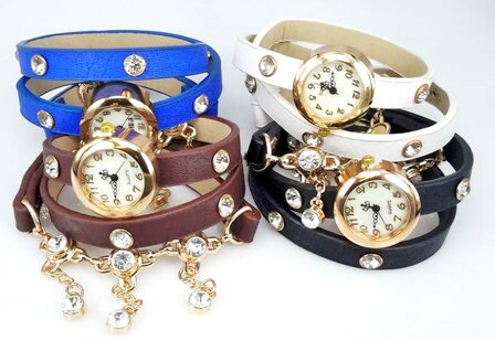 Armbandhorloge, PU leren wrap (3), goudkleur, schakelkettinkje, zirkonia&#039;s, 4 kleuren