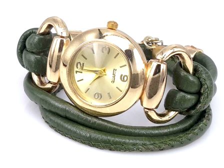 Armbandhorloge, dubbele PU leren veterwrap (2), ringetje met zirkonia, 7 kleuren