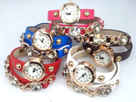 Armbandhorloge, PU leren wrap (2), goudkleur, schakelketting en 3 grote facet geslepen kristal, 5 kleuren