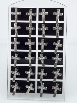 Edelstaal Oorsteker,kruis met strass, display van 12 paar.