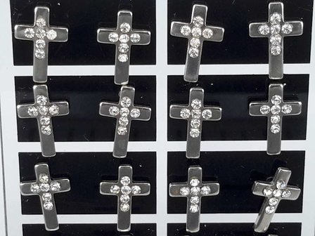 Edelstaal Oorsteker,kruis met strass, display van 12 paar.