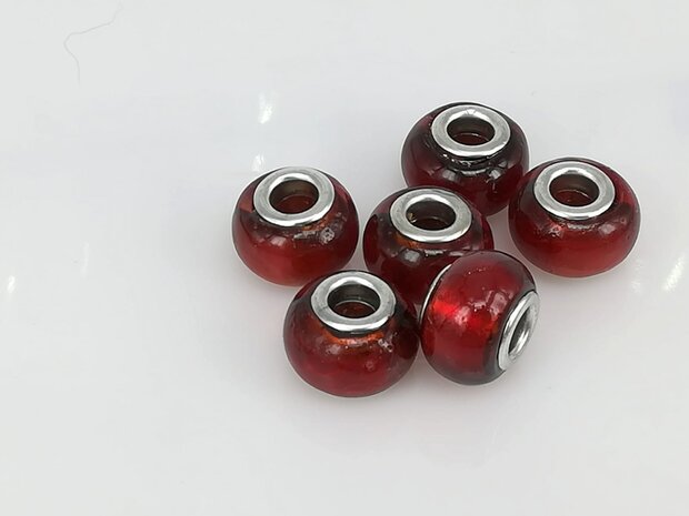 Bedeltje: pandora style murano, rood, zilver per 6