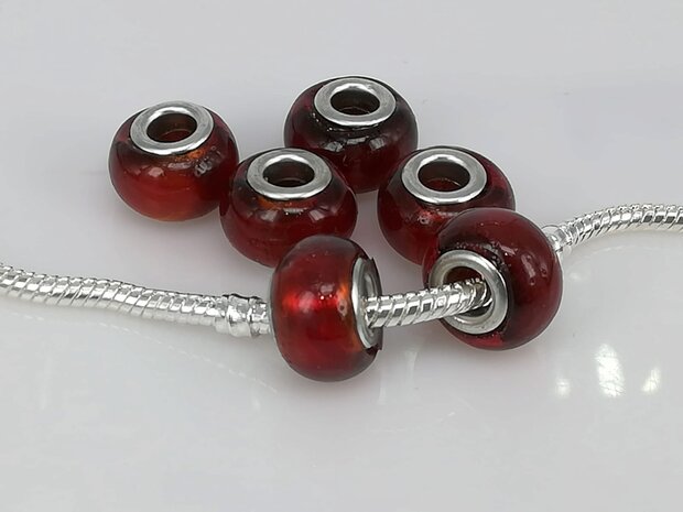 Bedeltje: pandora style murano, rood, zilver per 6