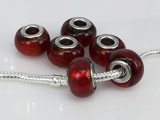 Bedeltje: pandora style murano, rood, zilver per 6